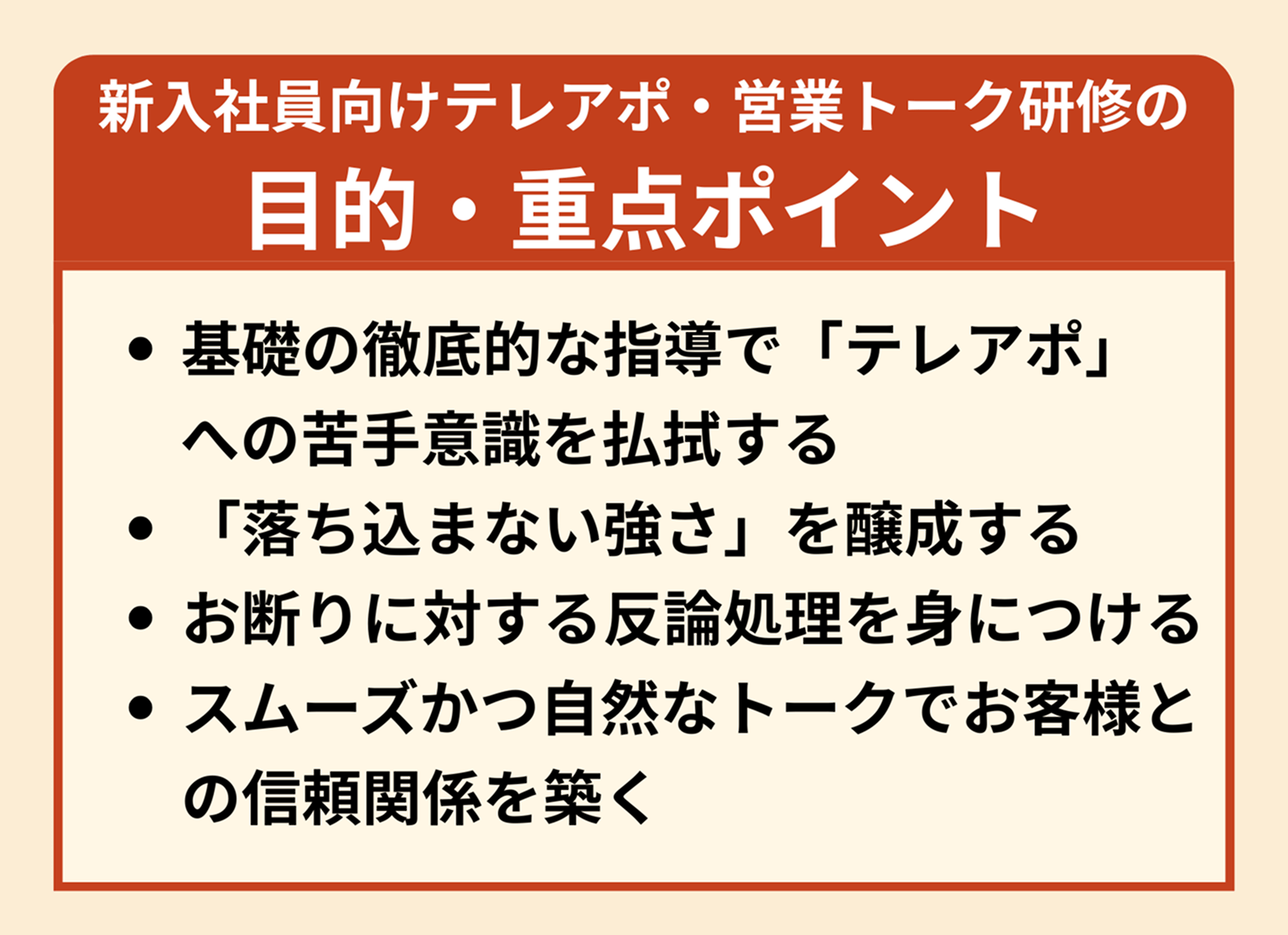 図:新入社員向けテレアポ・営業トーク研修の目的・重点ポイント