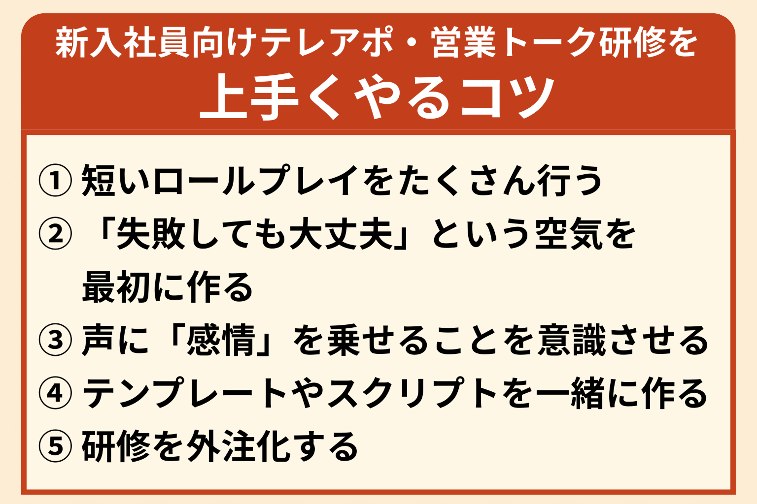 図:新入社員向けのテレアポ・営業トーク研修を上手くやるコツ 一覧
